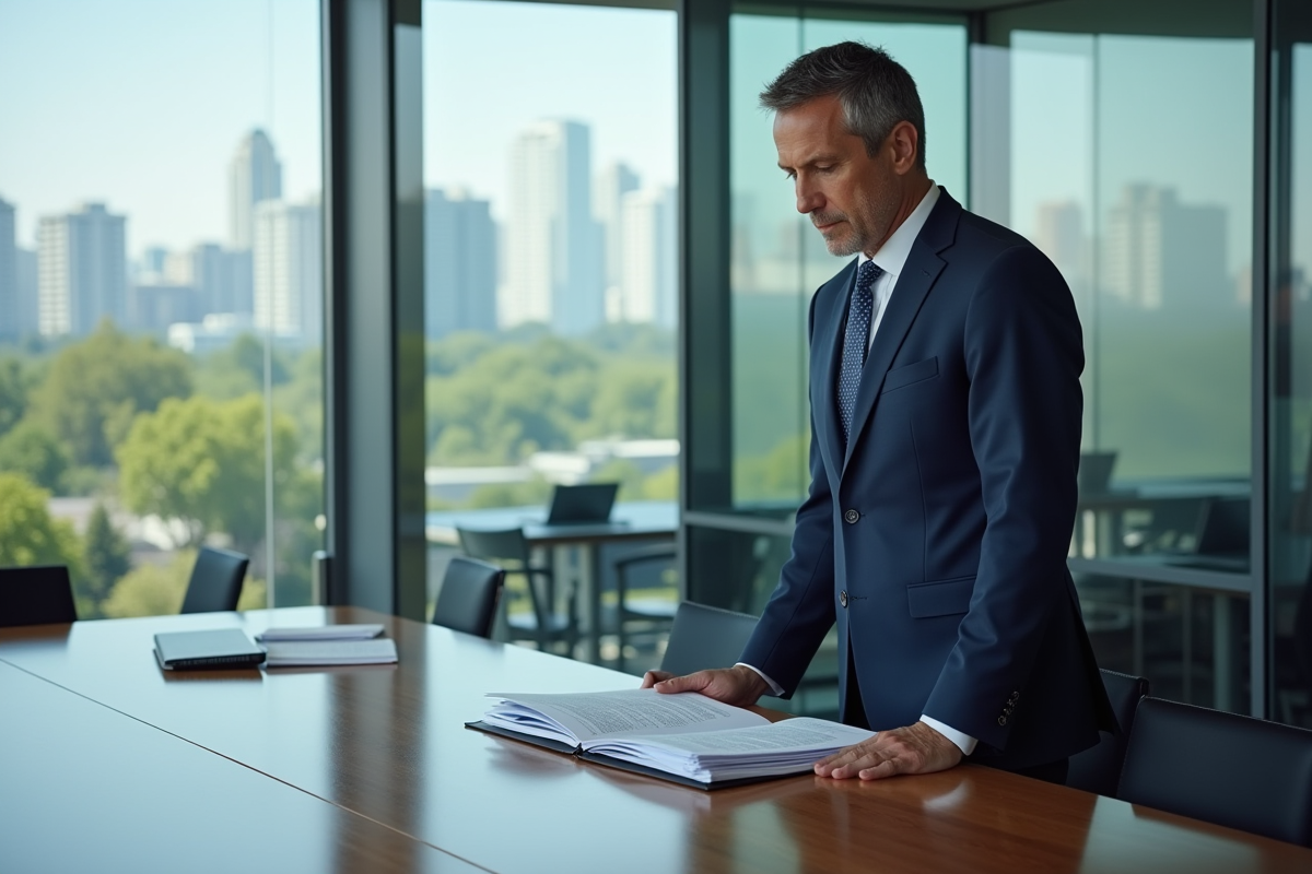 Homme d'affaires en costume regardant des documents sur l'environnement