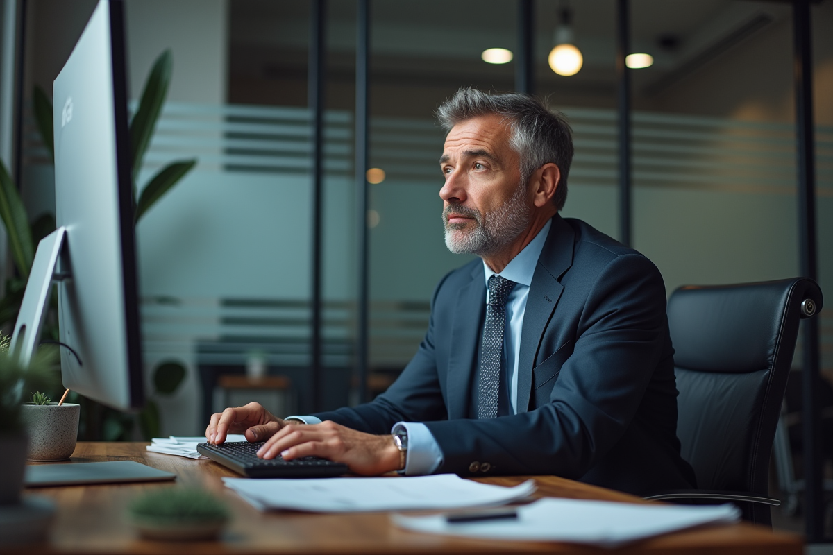 Homme d'affaires en costume regardant un écran d'ordinateur
