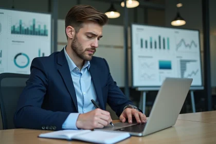 Homme d'affaires en costume bleu analysant des données