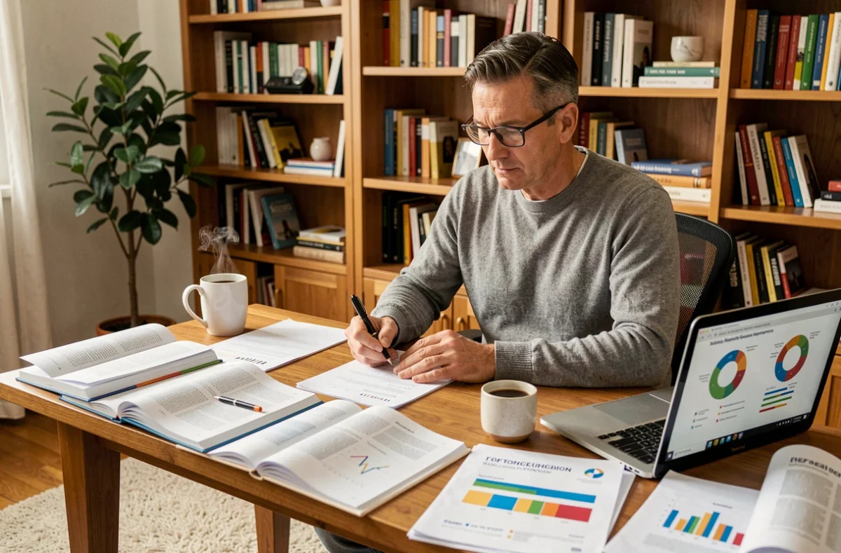 Un homme d'affaires analyse les concepts des 10P du marketing dans un bureau à domicile entouré de livres et de graphiques