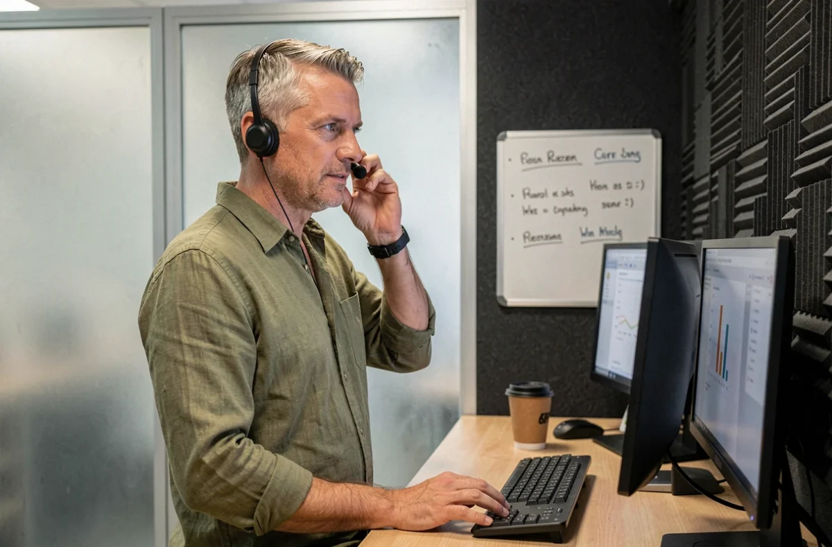 Homme en télétravail dans une cabine privée de coworking à Dijon avec écrans doubles et isolation acoustique