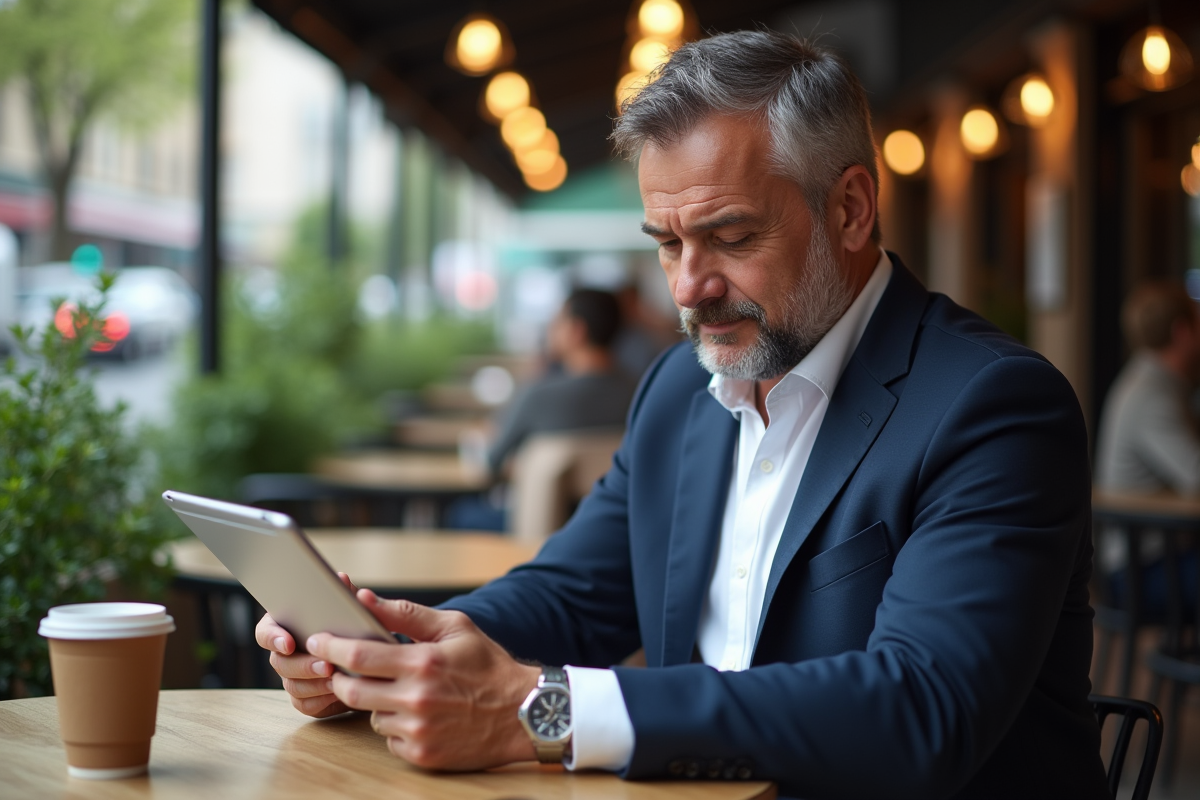 Homme au café utilisant une tablette pour écrire un email