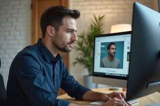 Homme consultant le site Noventrispro.fr sur un écran d'ordinateur dans un bureau moderne