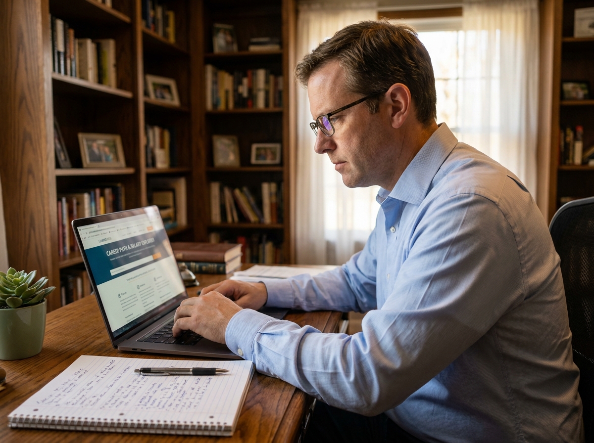 Homme consultant une plateforme de salaires en ligne depuis son bureau à domicile, prenant des notes sur ses perspectives de carrière