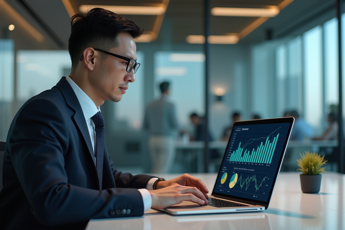 Homme d'affaires en costume analysant des graphiques numériques