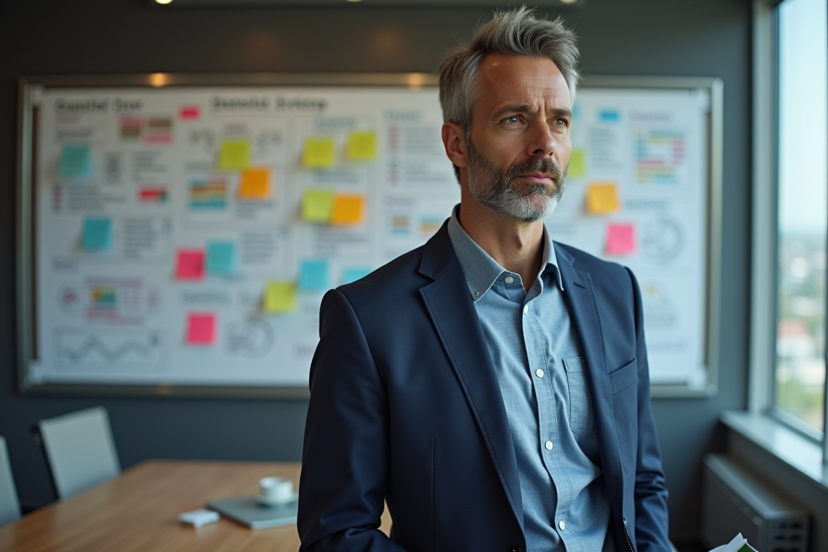 Homme d'affaires en costume dans un bureau moderne avec notes colorées