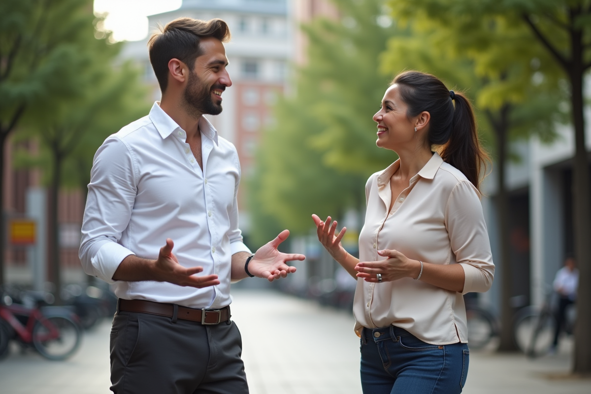 Homme et femme discutant dans une rue urbaine