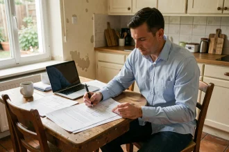 Un homme examine des devis de rénovation sur une table de cuisine, entouré de plans et de documents