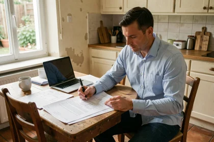 Un homme examine des devis de rénovation sur une table de cuisine, entouré de plans et de documents