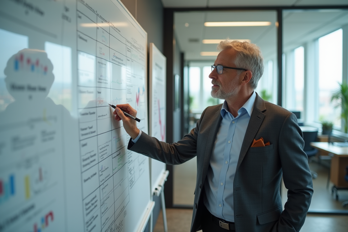 Homme en costume expliquant des résultats devant un tableau blanc