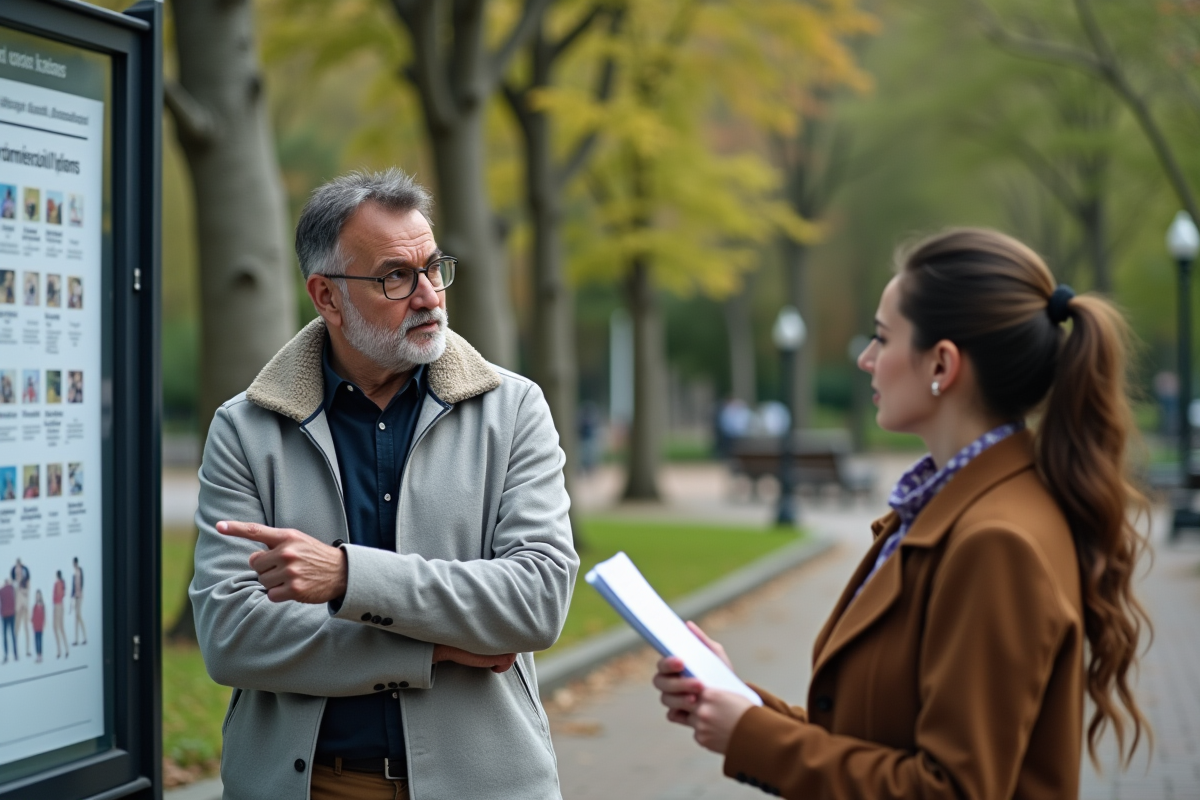 Homme et femme discutant près d’un panneau dans un parc