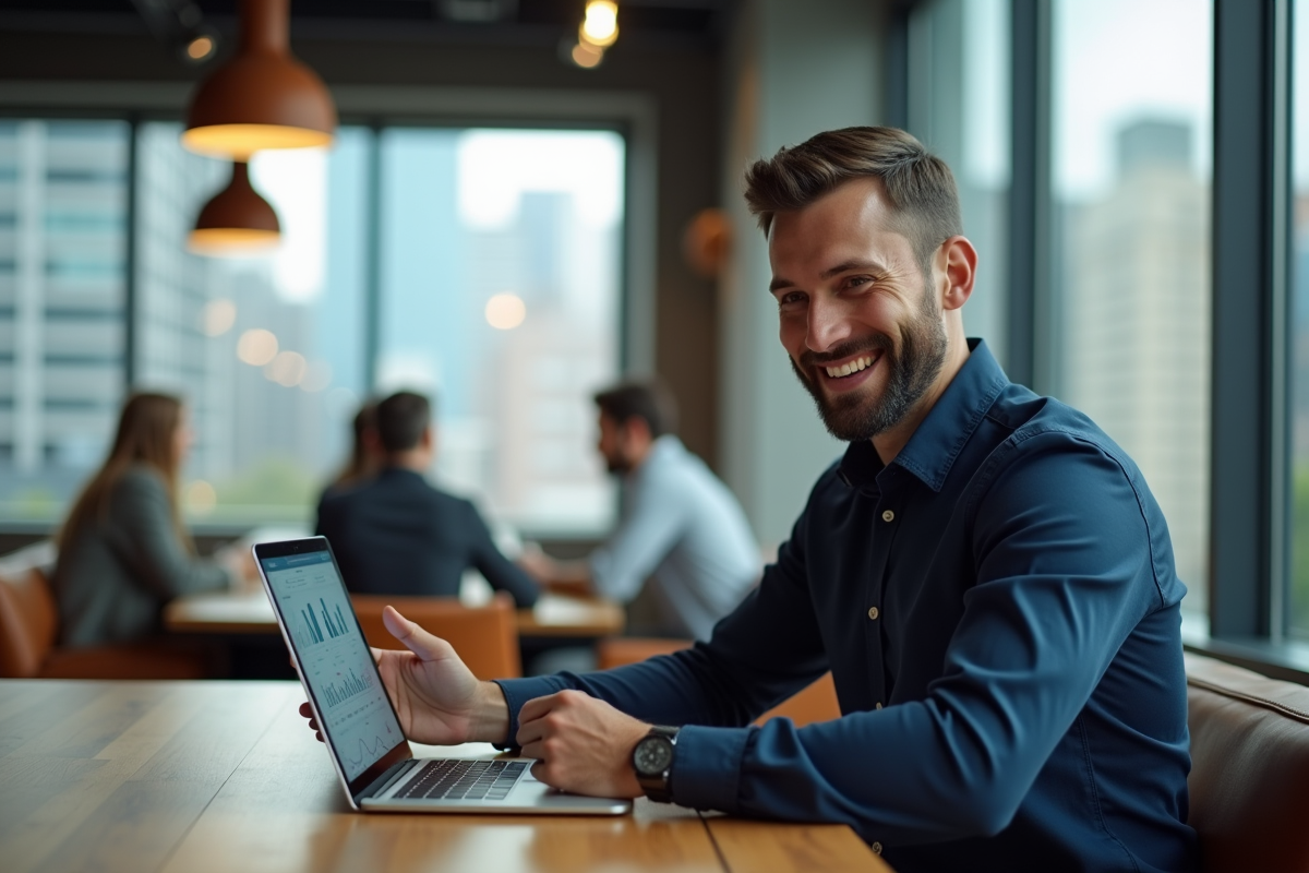 Homme souriant vérifiant des données sur une tablette dans un lounge