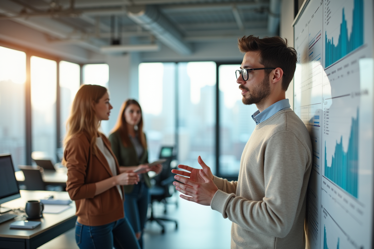 Jeune homme expliquant des graphiques à ses collègues dans un espace de travail moderne