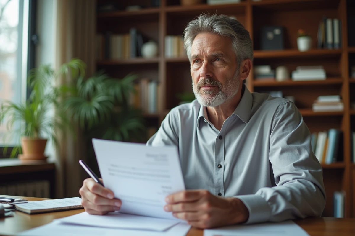 Homme d'affaires relisant une formule de politesse sur un document imprim&eacute; dans son bureau &agrave; domicile