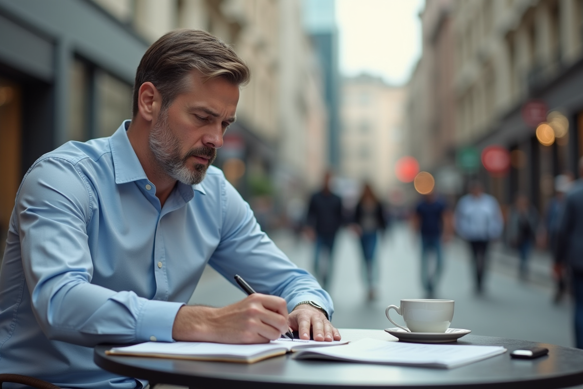 Homme signant des papiers dans un café en ville