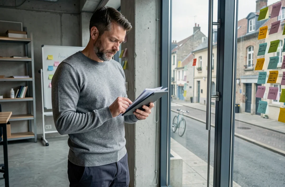 Homme consultant une tablette près d'une fenêtre dans un espace de coworking au style industriel à Abbeville