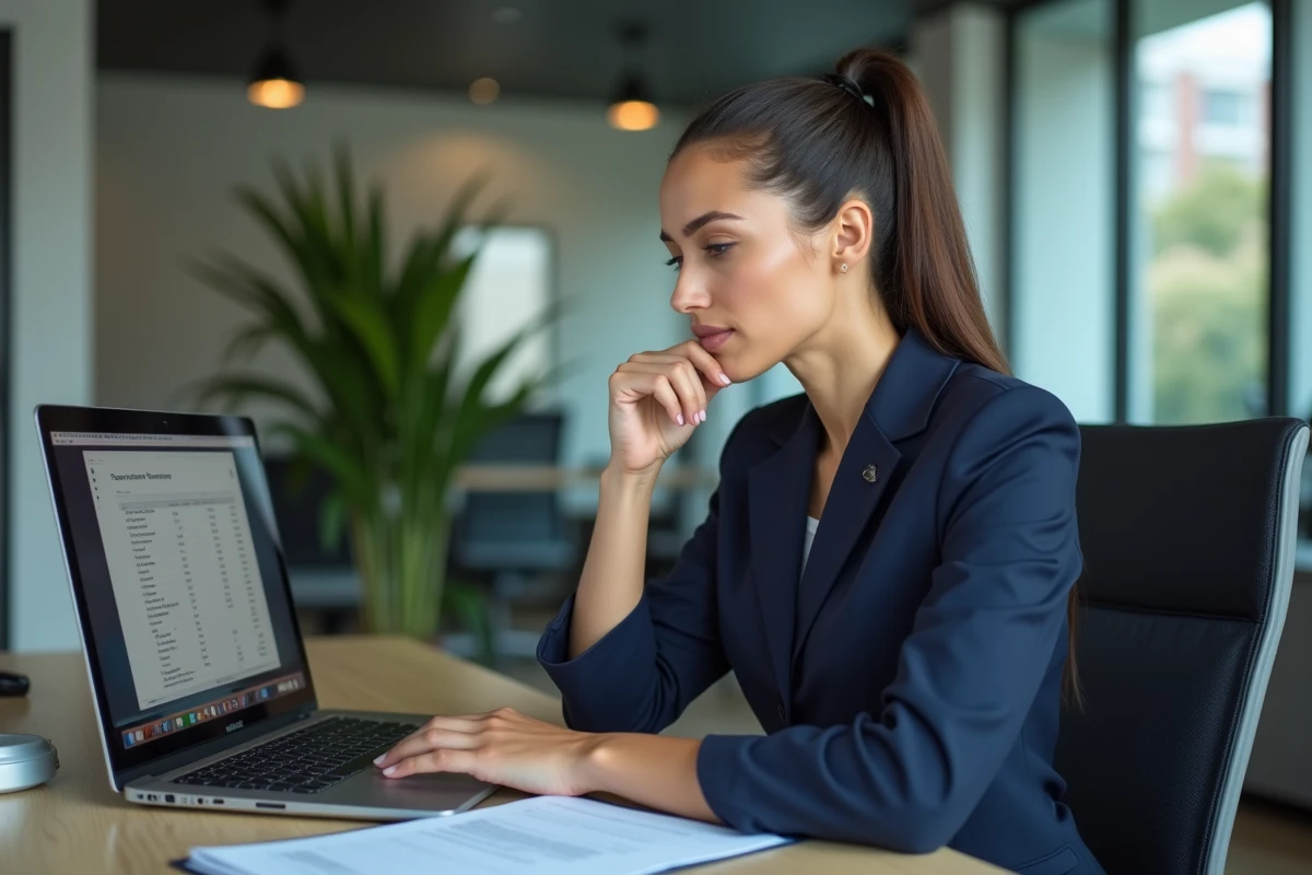 Hôtesse de l'air en uniforme consultant son contrat de travail sur un ordinateur dans un bureau administratif