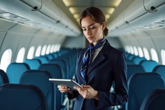 Hôtesse de l'air Air France en uniforme marine consultant un document dans la cabine d'un avion commercial
