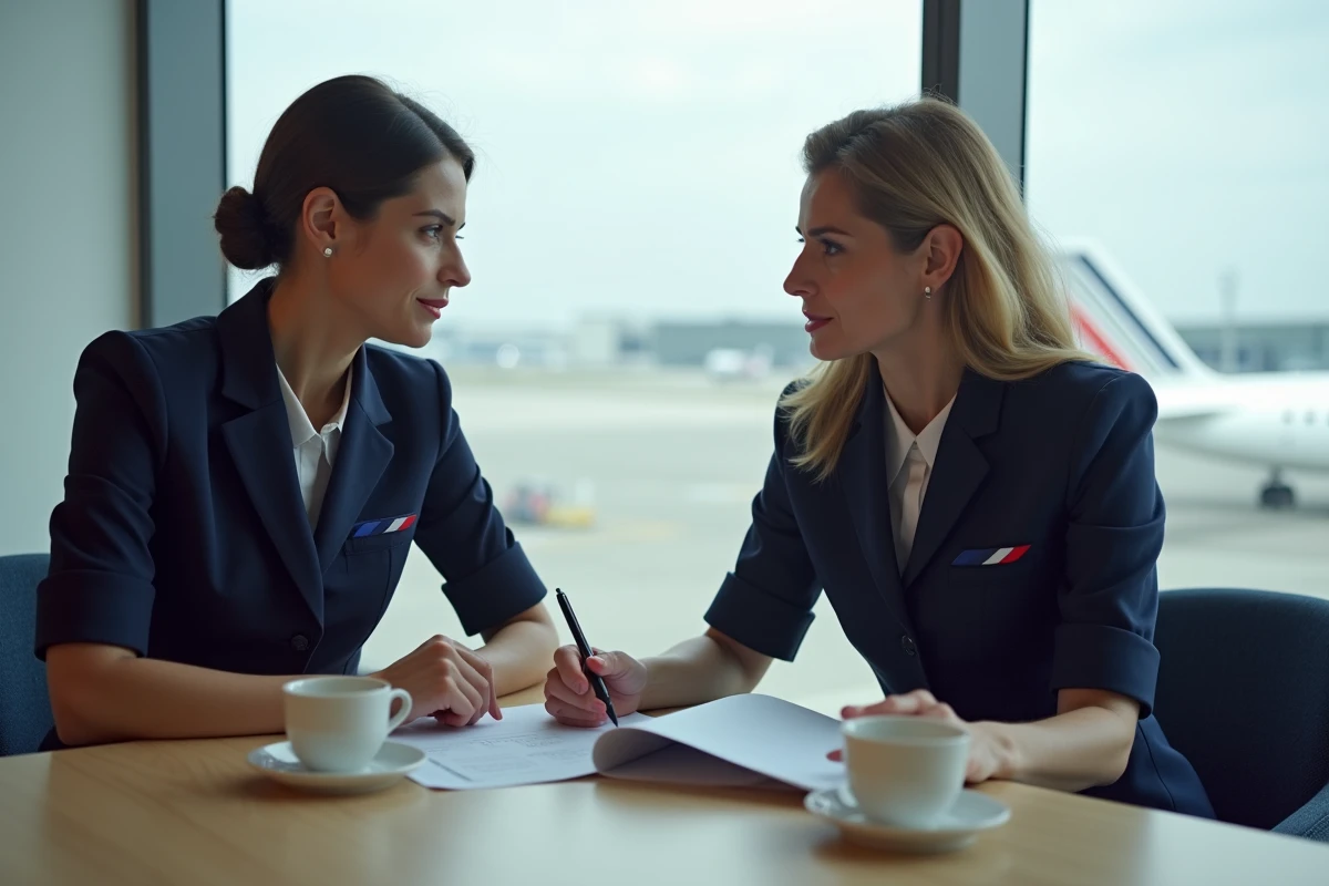 Deux hôtesses de l'air discutant d'un accord salarial dans une salle de repos d'aéroport