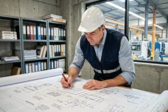 Ingénieur industriel examinant un dossier technique de construction pour machines avec des schémas annotés sur une table de travail en bureau d'études