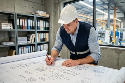 Ingénieur industriel examinant un dossier technique de construction pour machines avec des schémas annotés sur une table de travail en bureau d'études