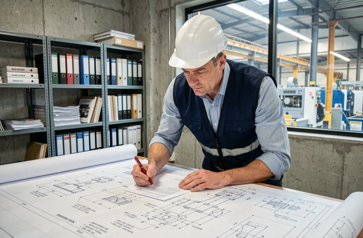 Ingénieur industriel examinant un dossier technique de construction pour machines avec des schémas annotés sur une table de travail en bureau d'études