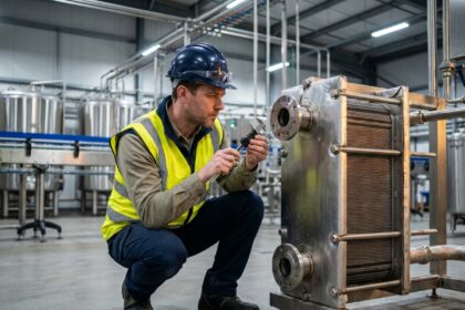 Ingénieur industriel inspectant un échangeur thermique à plaques sur une ligne de production agroalimentaire