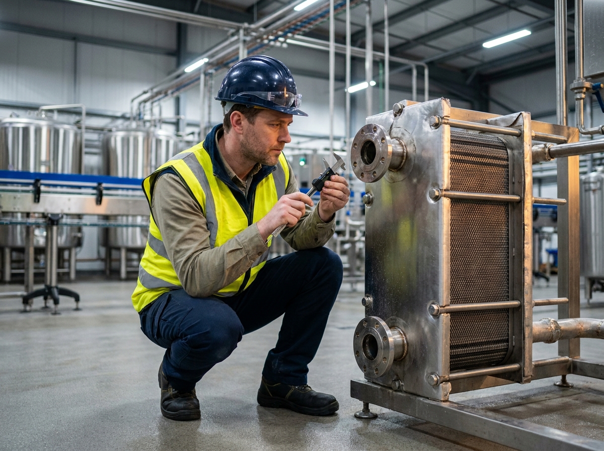 Ingénieur industriel inspectant un échangeur thermique à plaques sur une ligne de production agroalimentaire