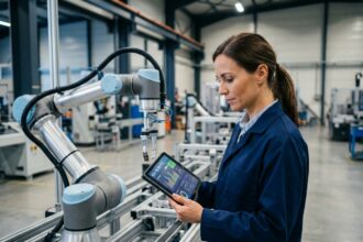 Ingénieure examinant une tablette à côté d'un bras robotique collaboratif dans une usine moderne