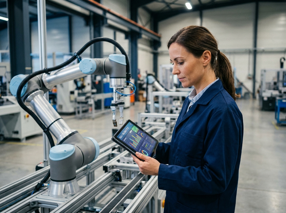 Ingénieure examinant une tablette à côté d'un bras robotique collaboratif dans une usine moderne