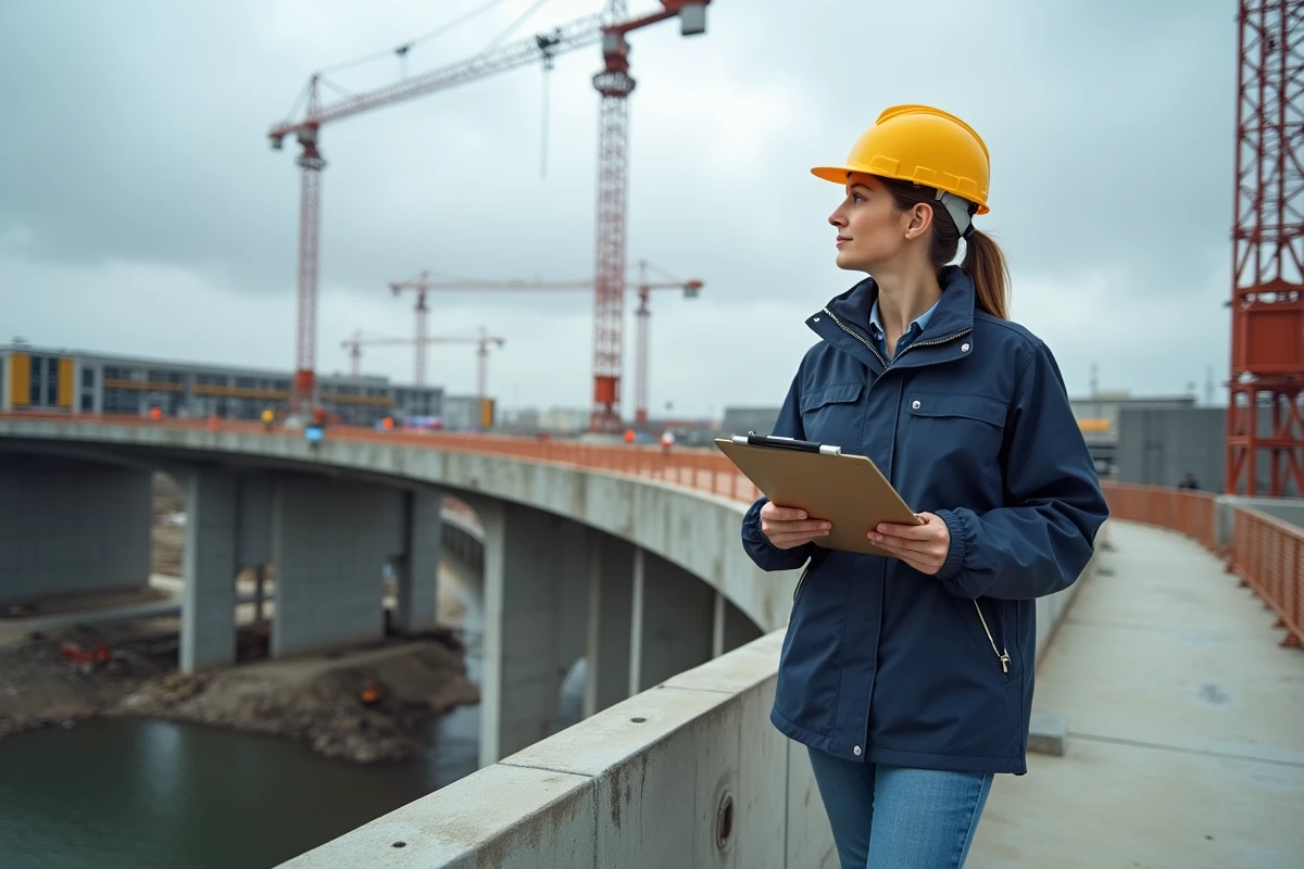 Ingénieure civile supervisant un chantier d'infrastructure complexe de pont ou d'autoroute avec des grues et des armatures en acier en arrière-plan