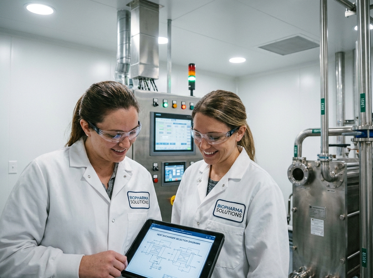 Deux ingénieures process en salle blanche pharmaceutique consultant les plans de sélection d'un échangeur thermique