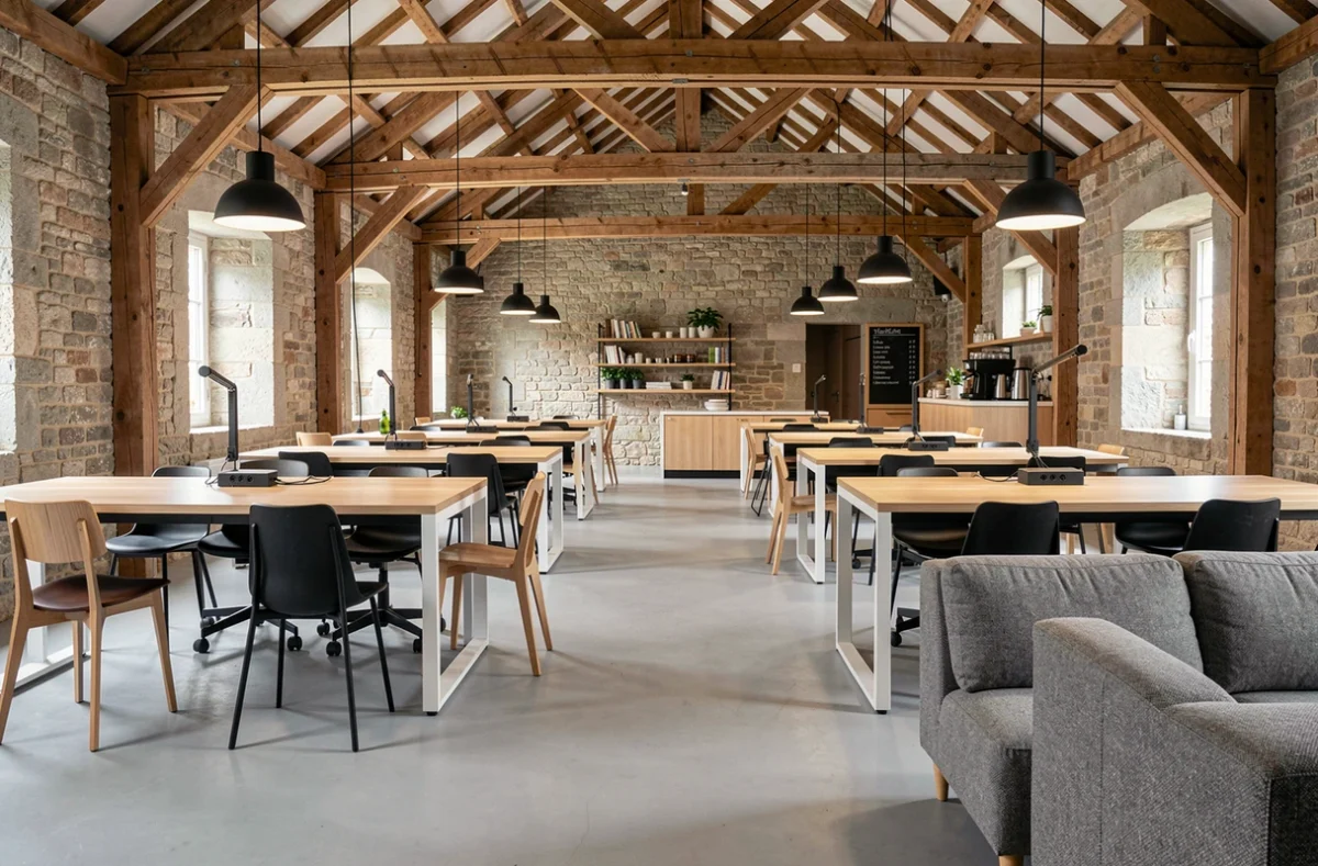 Vue intérieure d'un espace de coworking vide à Vannes avec postes de travail ergonomiques et architecture bretonne rénovée