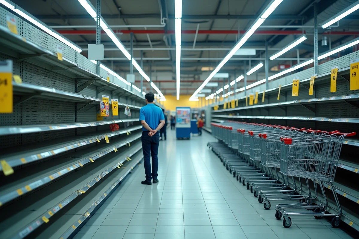 Intérieur d'un magasin en cours de liquidation avec rayonnages vides et employé solitaire dans une grande surface commerciale française