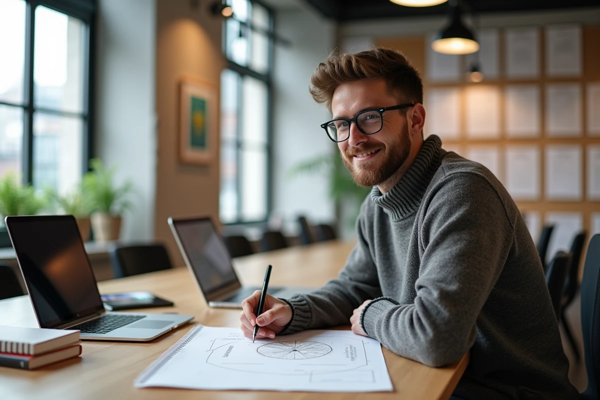 Jeune designer graphique esquissant un logo dans un espace créatif
