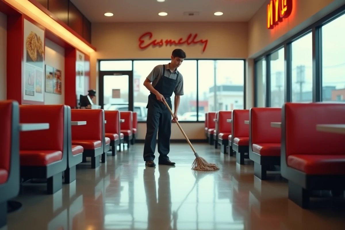 Jeune employé de 16 ans en uniforme effectuant l'entretien de la salle dans un restaurant fast-food