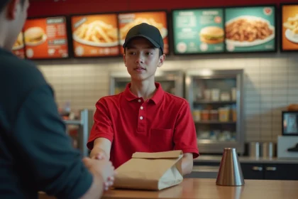 Jeune employé de 16 ans en uniforme de restauration rapide derrière un comptoir de fast-food