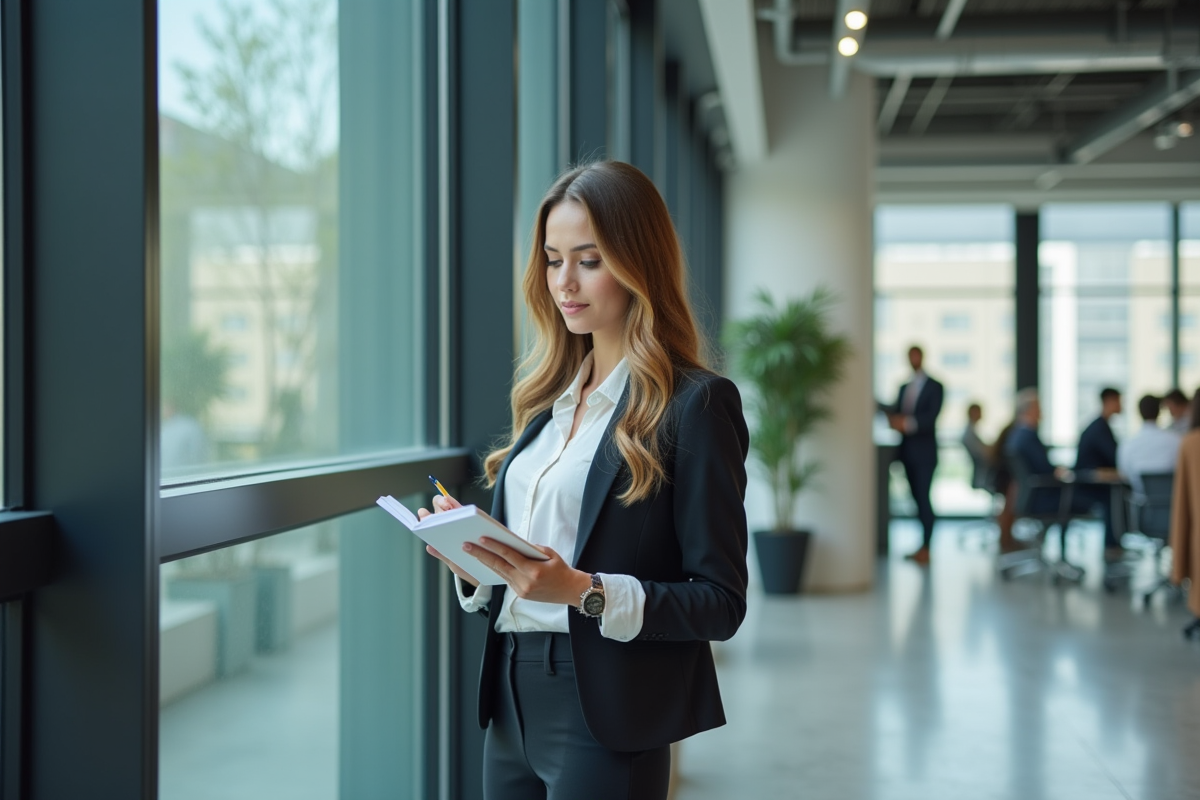 Jeune femme professionnelle prenant des notes devant une grande fenêtre
