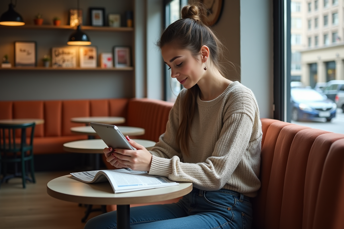 Jeune femme en casual utilisant une tablette au cafe