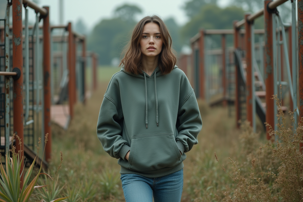 Jeune femme dans un parc avec équipements de jeux envahis par la végétation