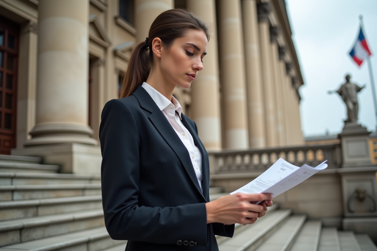 Jeune femme légale devant le parlement en tenue professionnelle