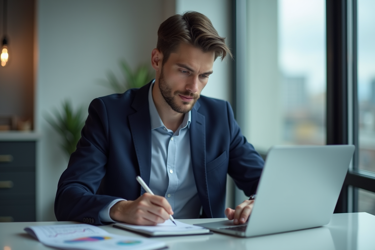 Jeune homme d'affaires en réunion avec ordinateur et notes