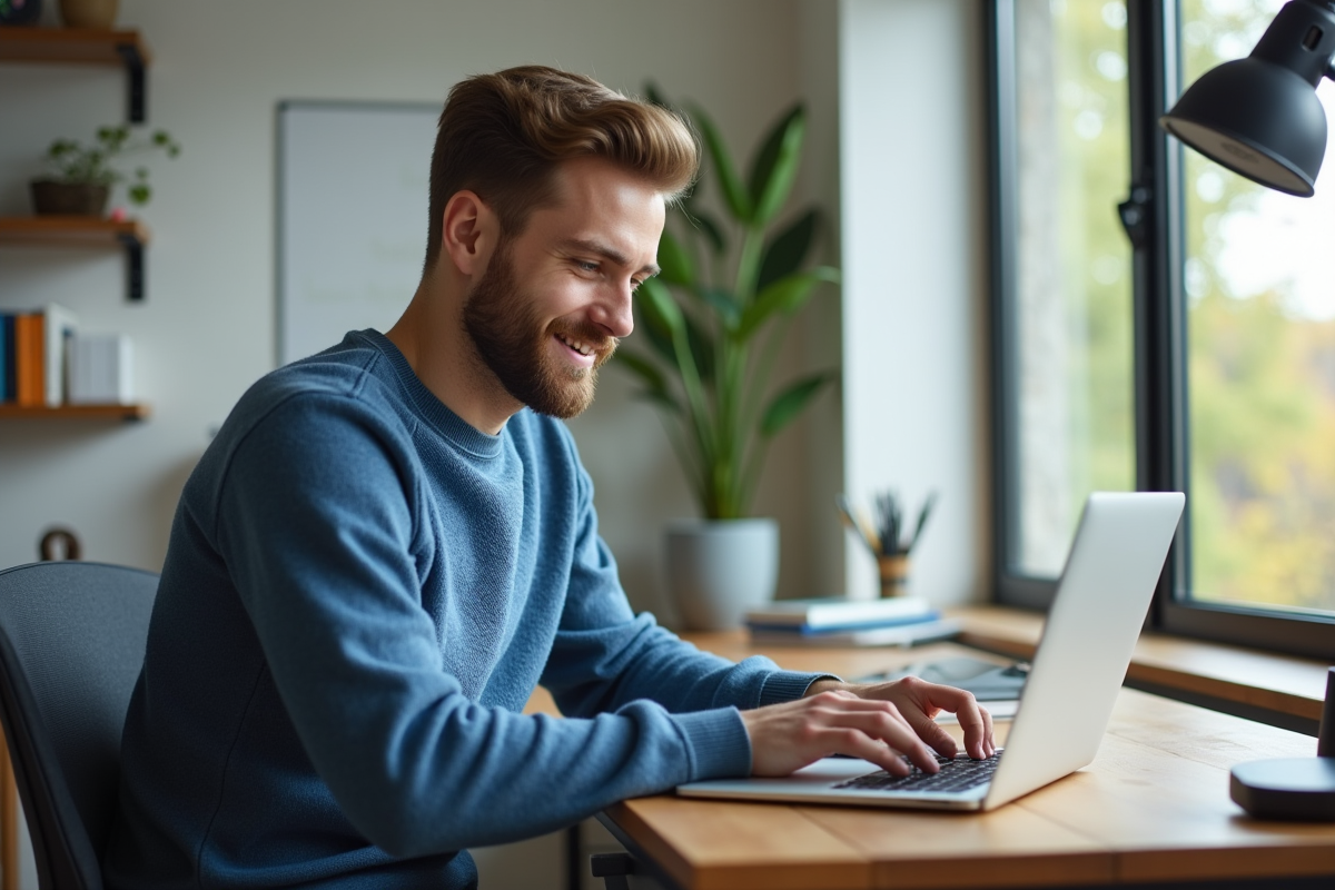 Jeune homme au bureau avec ordinateur portable et décor moderne