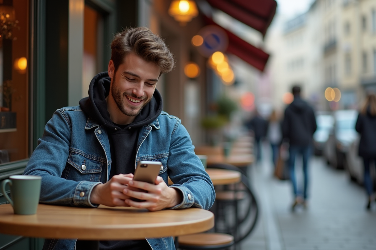 Jeune homme scanne un QR code dans un café urbain