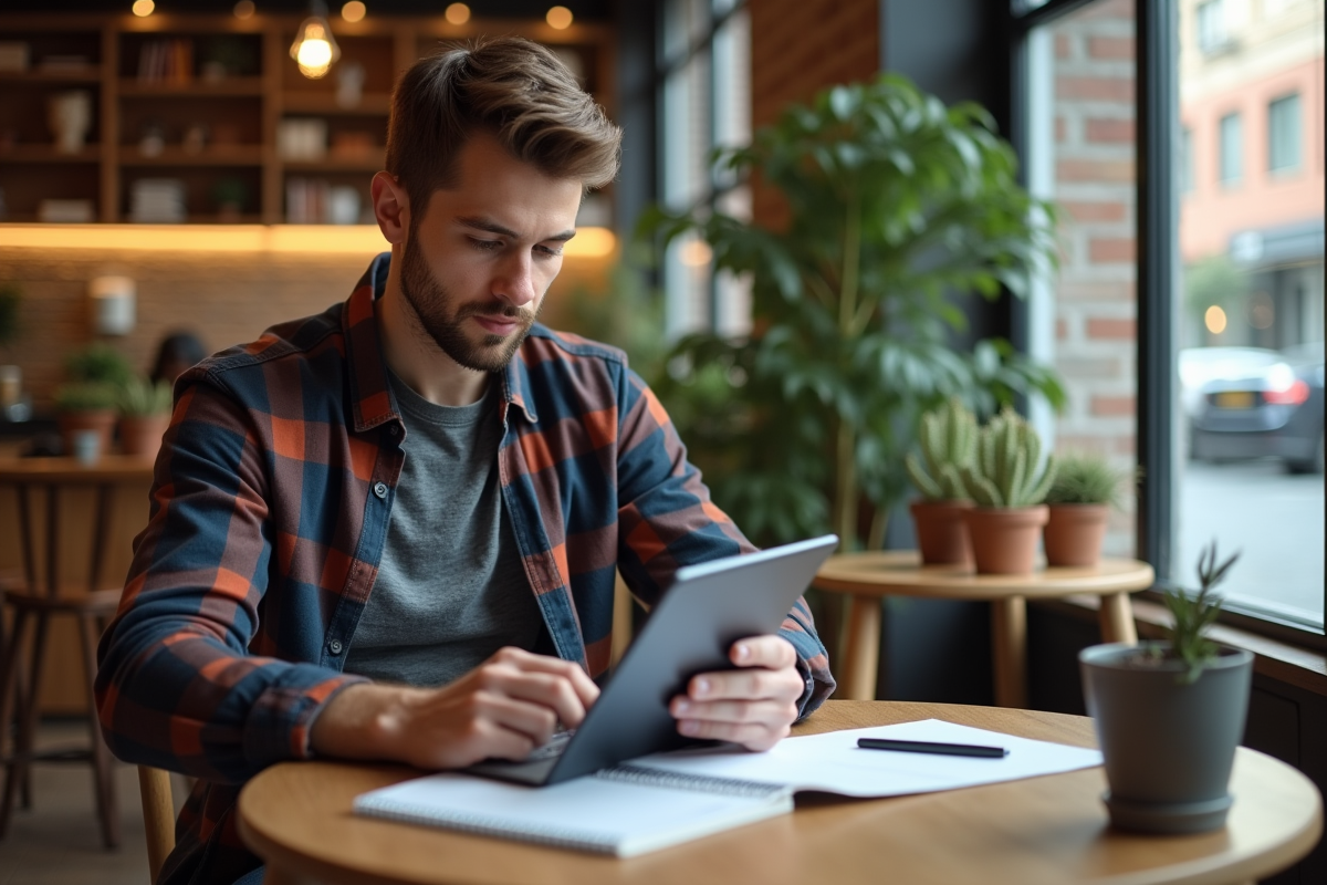 Jeune homme au café saisissant ses notes sur une tablette