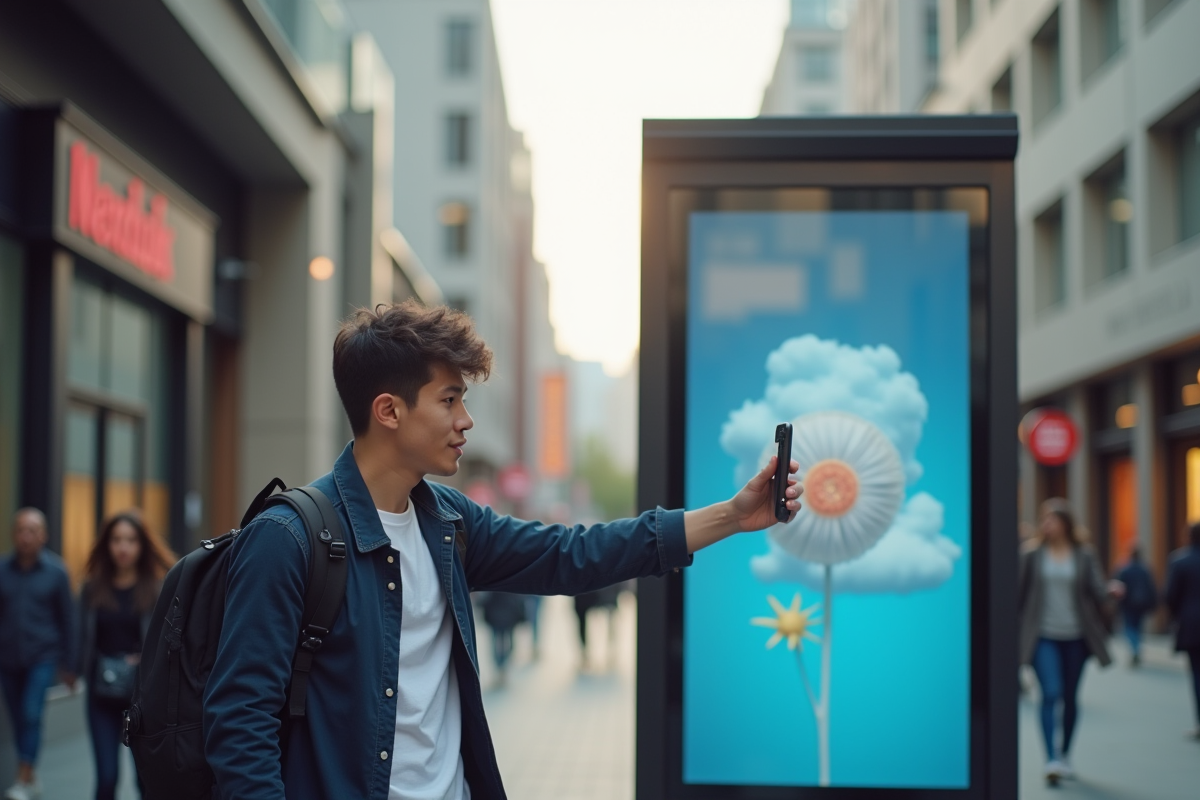 Jeune homme photographiant un panneau publicitaire en ville