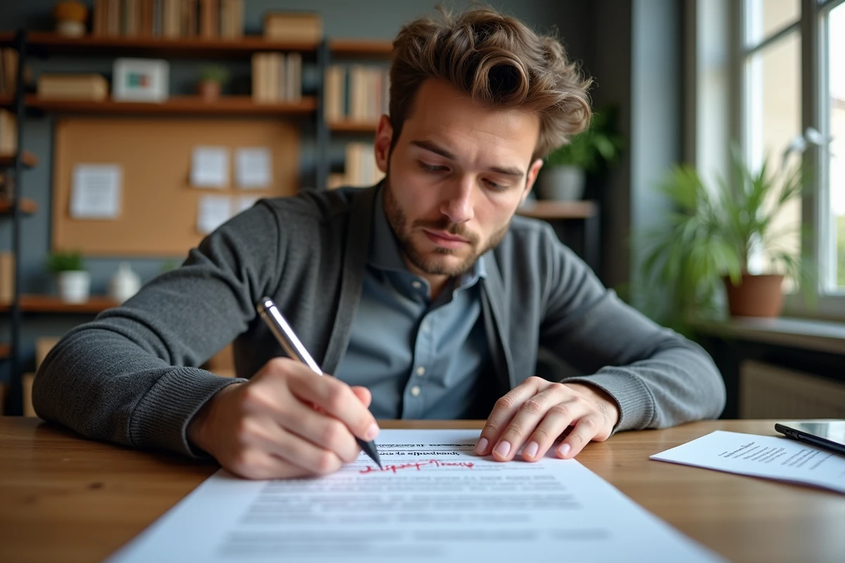 Jeune homme signe un contrat avec erreur soulign&eacute;e