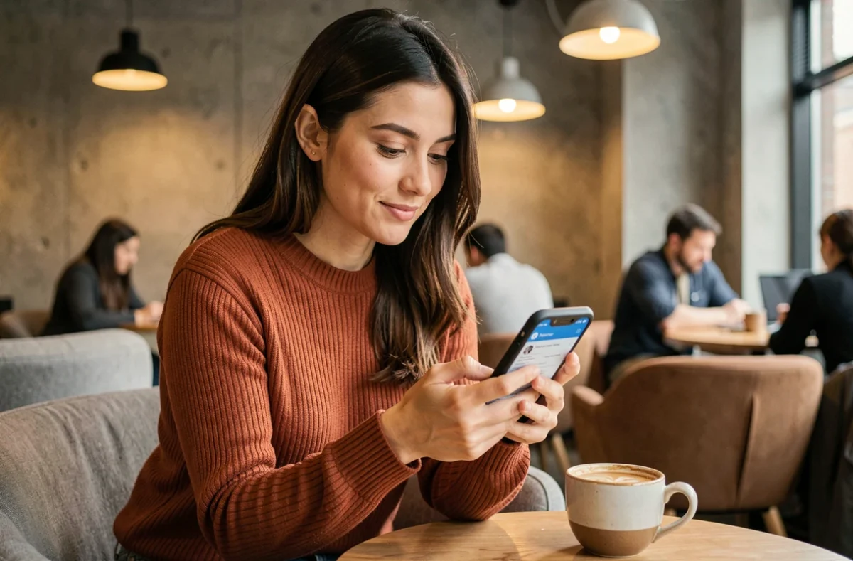 Jeune professionnelle consultant ses bulletins de paie sur smartphone dans un espace de coworking