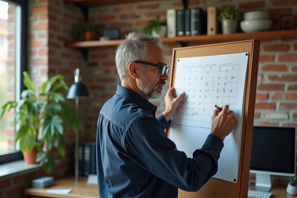 Homme au bureau à domicile annotant un calendrier mural pour différencier jours ouvrables et jours calendaires