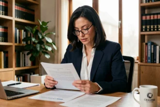 Juriste indépendante en portage salarial travaillant sur un contrat dans son bureau à domicile